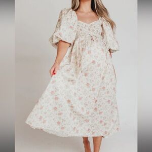 Floral Puff Sleeve Maxi Dress in Cream and Pink